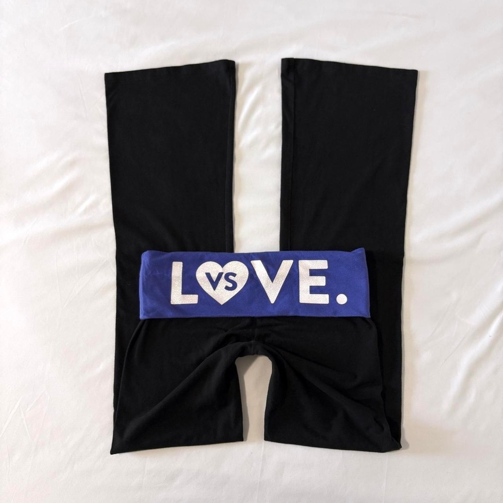 victoria's secret pink fold over blue love glitter flare yoga pants size small